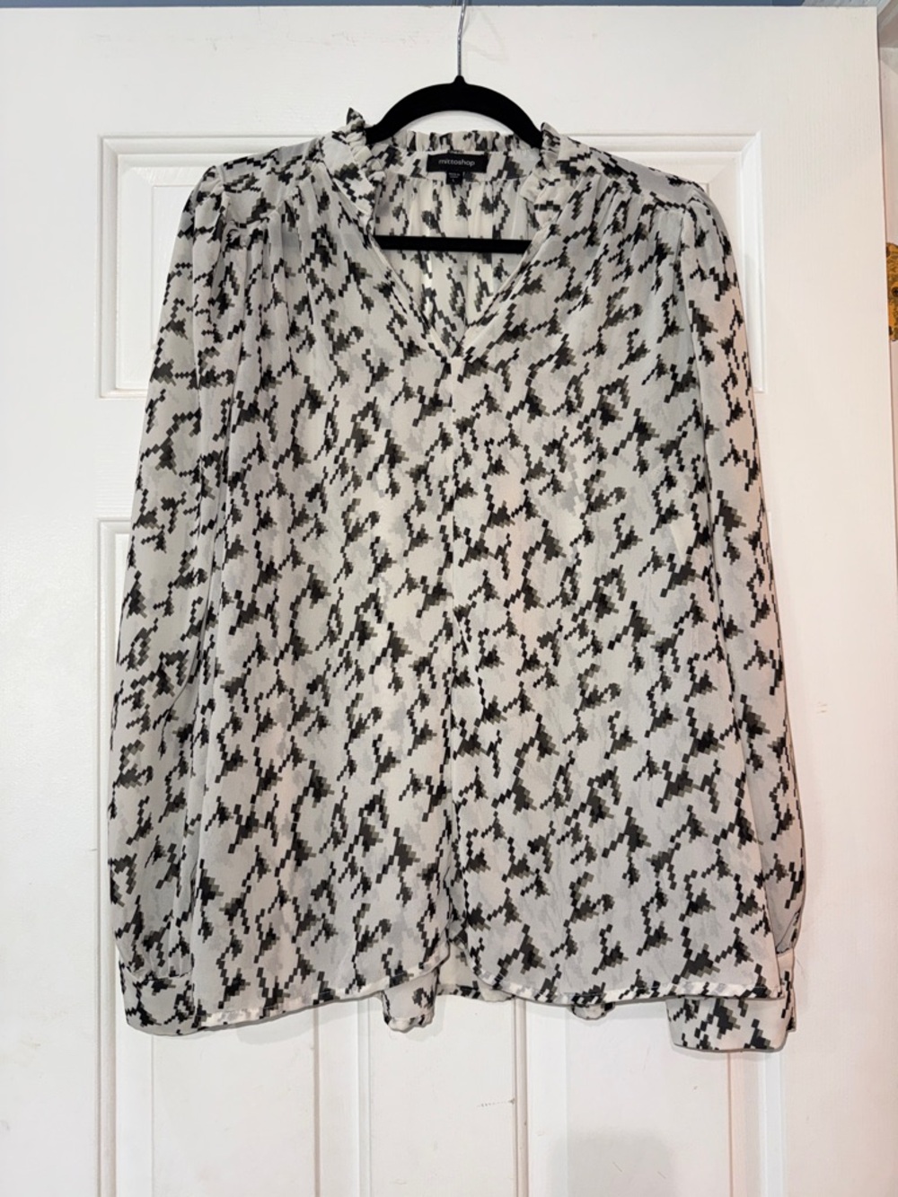mittoshop Black and White Printed V-Neck Long Sleeve Blouse